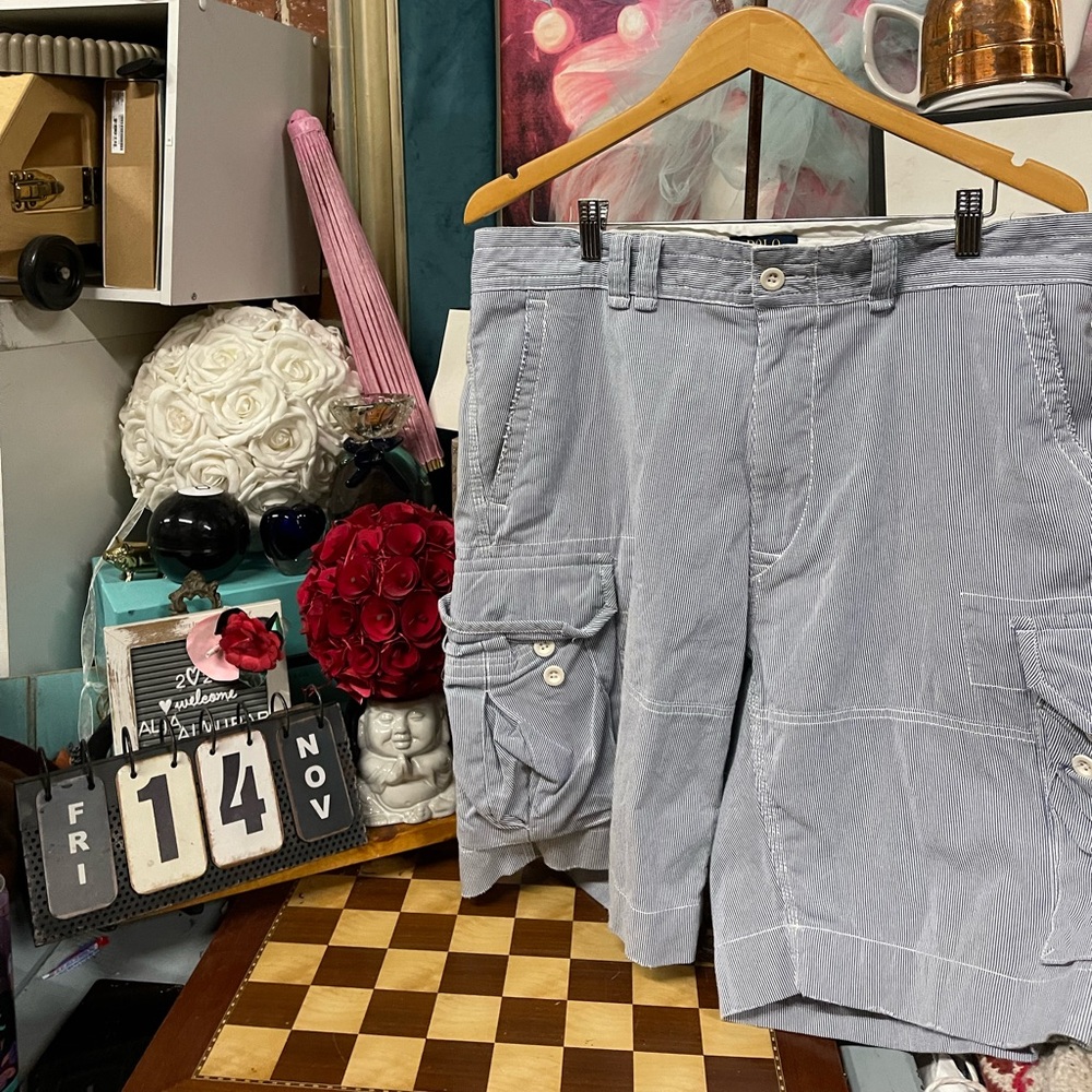 Polo Ralph Lauren Classic Chino Cargo Shorts Mens Blue White Striped